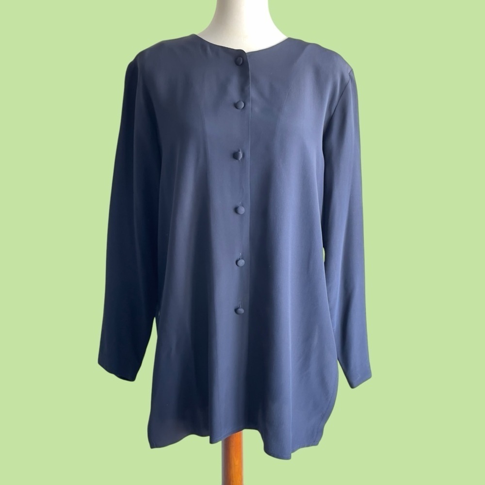 Nancy Crystal 80s tailored 100% silk navy button up blouse size 10